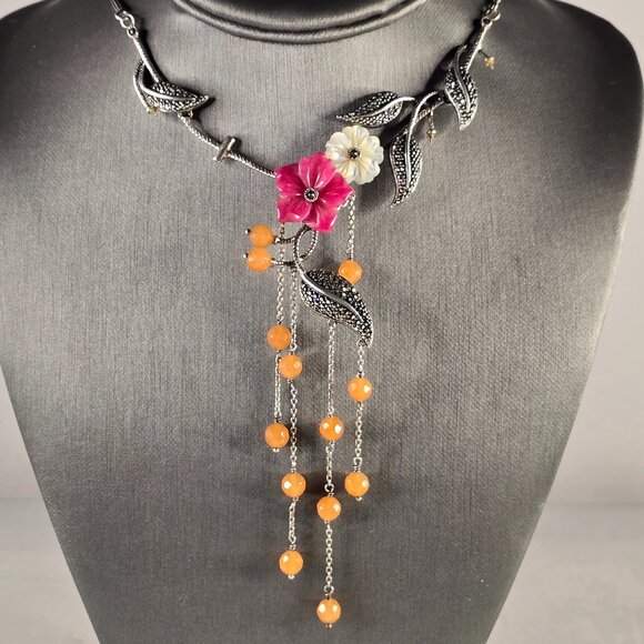 Womens Vintage Estate Sterling Silver Modernist Flower Necklace 33.4g E4329
